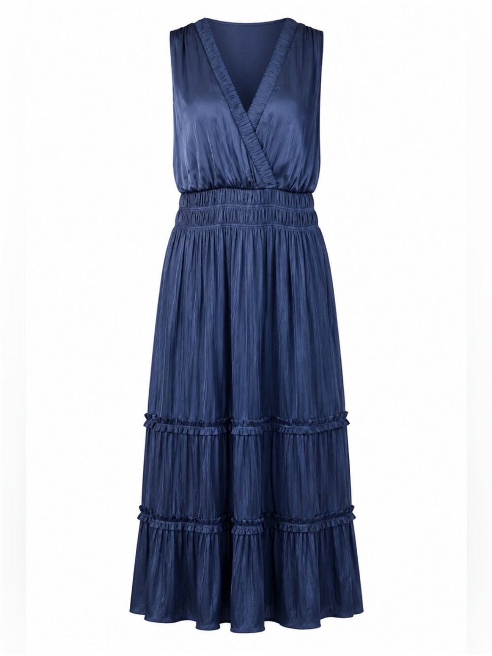 White House Black Market Midi Dress Womens Small Blue Smocked Tiered V-Neck